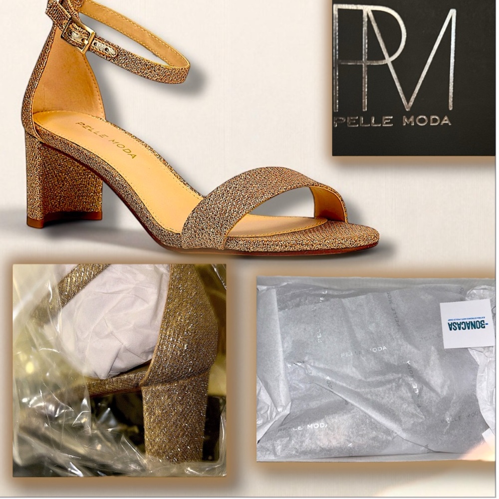 NWT Pelle Moda Heels Ankle Strap Sandal in Platinum Gold Heels